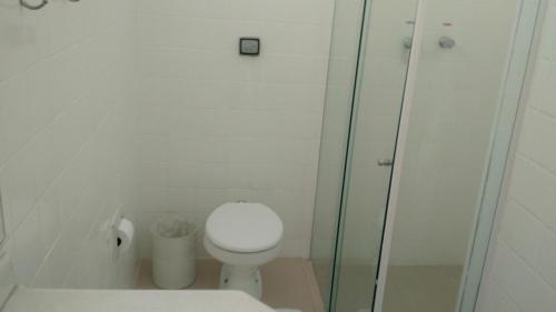 uma casa de banho com um WC e uma cabina de duche em vidro. em Hotel Lago Azul em Louveira