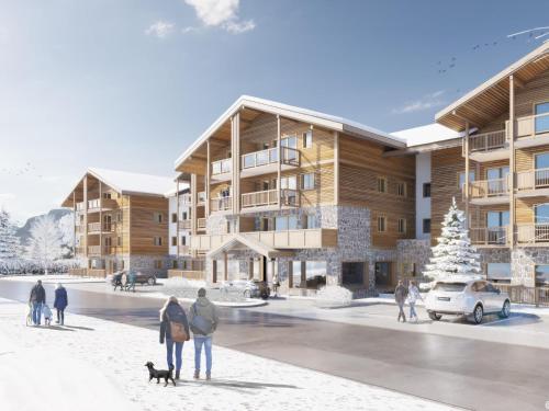 a rendering of an apartment building with people and a dog at Beautiful residence with Spa in cozy Samo ns in Samoëns