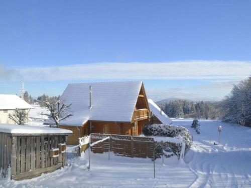 a log cabin in the snow with snow at Holiday home our little hunting lodge in Philippsreut