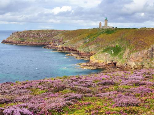 a lighthouse on top of a hill with purple flowers at Holiday Home near Val-André Beach & Golf in Saint-Alban