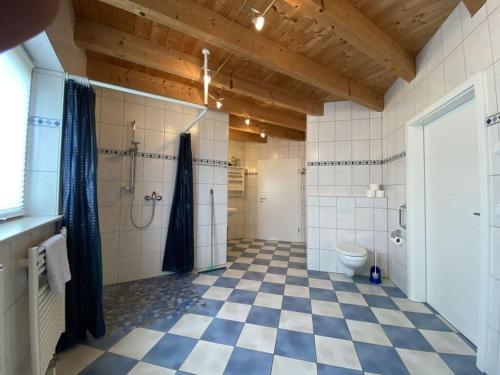 La salle de bains est pourvue d'une douche et de toilettes. dans l'établissement Holiday home Red Milan, à Irmenach