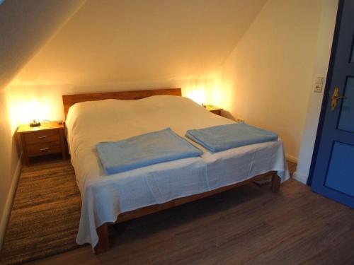 a bedroom with a bed with blue pillows on it at Holiday apartment Strandkrabbe in Ockholm