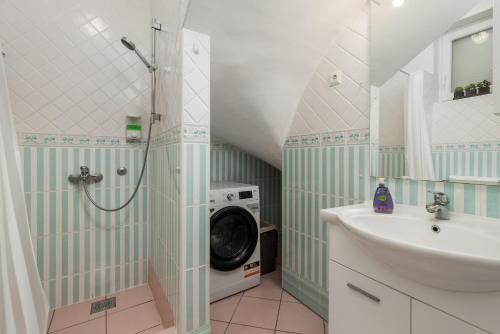 uma casa de banho com uma máquina de lavar roupa e um lavatório em Villa Monticello Crikvenica, 200m from sea with rome garden em Dramalj