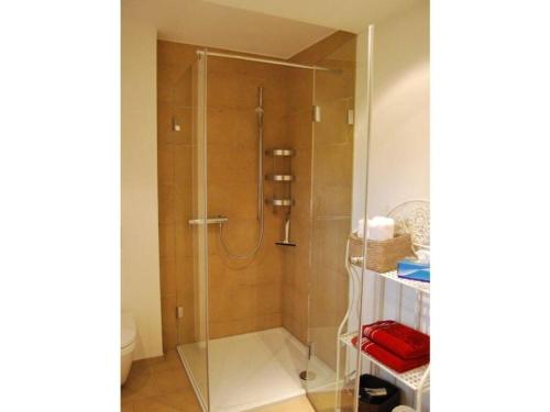 a shower with a glass enclosure in a bathroom at Holiday apartment Old Warehouse in Münster