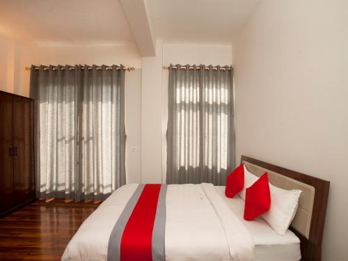 ein Schlafzimmer mit einem großen Bett mit roten Kissen in der Unterkunft Hotel Euro in Kathmandu