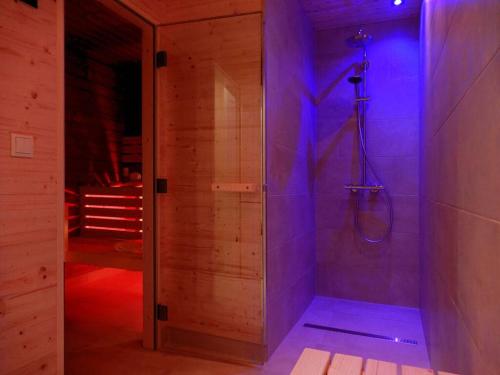 a bathroom with a shower with blue lights in it at Fantastic apartment in Zierow in Zierow