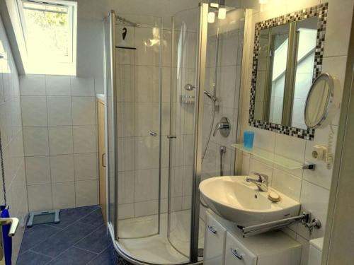 y baño con ducha y lavamanos. en Holiday apartment Biermann, en Schluchsee