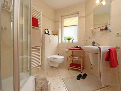 Un baño con inodoro, lavabo y ducha. en Apartment in Ostseebad Ahrenshoop, en Wustrow