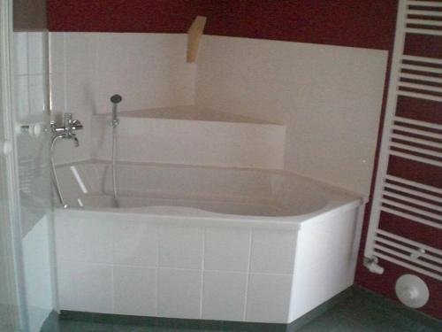 a white bath tub with a shower in a bathroom at Holiday home water view in Quilitz