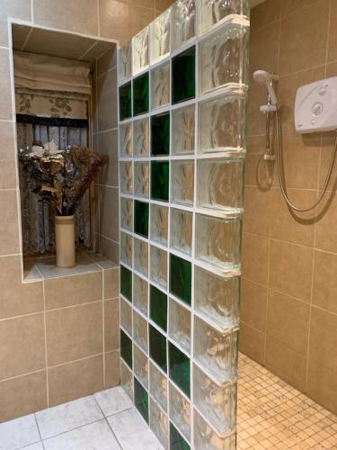 a shower with a glass block wall in a bathroom at Drimnatorran Farm Lodge in Strontian