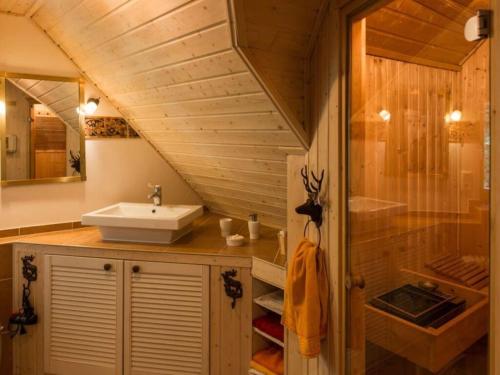 W łazience znajduje się umywalka i prysznic. w obiekcie Forest view in the old forest office w mieście Altenbeken