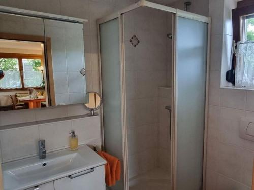 uma casa de banho com um chuveiro e um lavatório. em House Schwarzwaldblick Ettenheim em Ettenheim