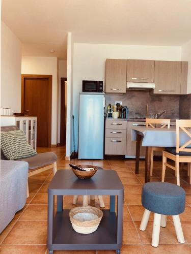 Il comprend une cuisine et un salon avec un réfrigérateur bleu. dans l'établissement Punta di Mare, appartements comme sur un bateau, à Linguizzetta