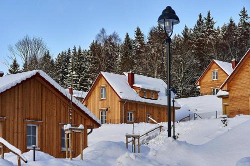 un grupo de edificios de madera en la nieve en Holiday homes in the Schierke Harzresort Schierke, en Schierke