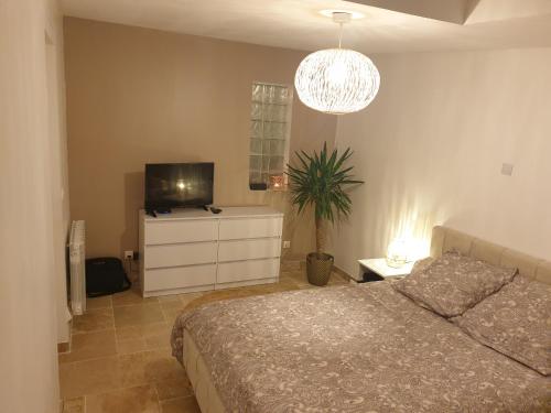 a bedroom with a bed and a television and a chandelier at The Cosy House - votre havre de paix avec jardin privé in Lisses