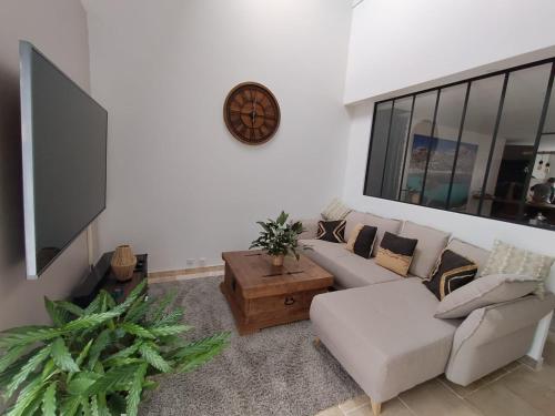 ein Wohnzimmer mit einem Sofa und einem TV in der Unterkunft The Cosy Holiday House - au calme avec jardin in Lisses