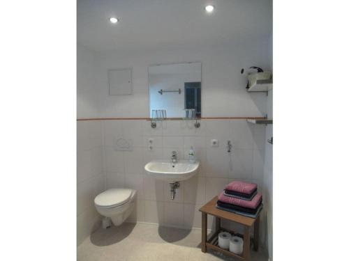 a white bathroom with a toilet and a sink at Apartment on the mountain slope with balcony in Berchtesgaden