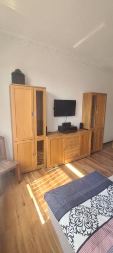 a room with a television and wooden cabinets at Monteurwohnungen in Aschersleben