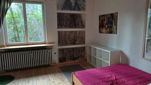 胡爾特的住宿－Galerie in Hürth，卧室配有粉红色的床和窗户。