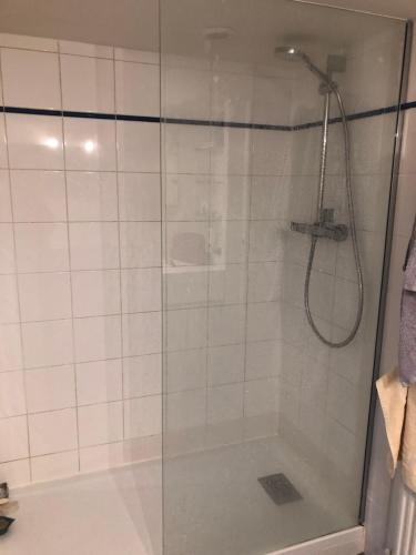 une douche avec une porte vitrée dans une salle de bain dans l'établissement Appartement hyper centre ville Toulouse, à Toulouse