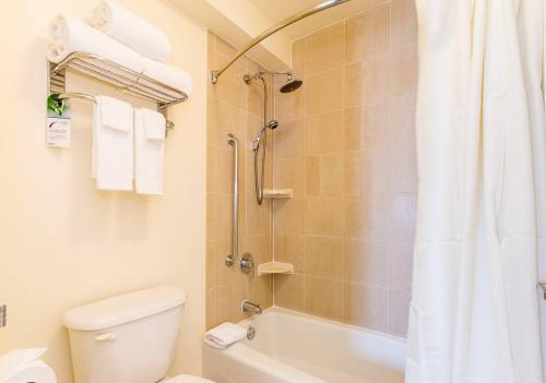 y baño con ducha, aseo y lavamanos. en Beautiful & Cozy 1BR in NYC!, en Nueva York