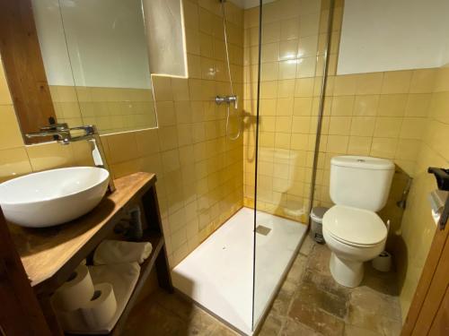 y baño con aseo, lavabo y ducha. en Yeguada Senillosa - Turismo Rural, en Castelló d'Empúries