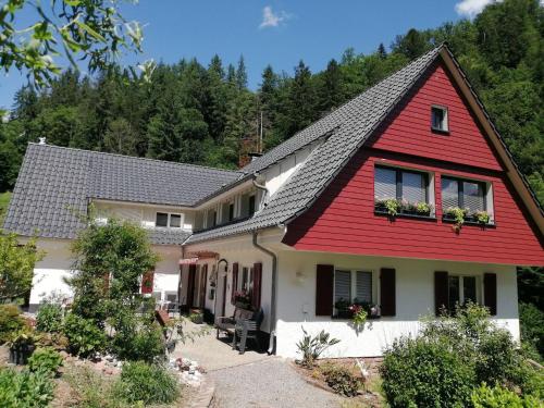 uma casa com um telhado vermelho em Apartment in Oppenau near Black Forest National Park em Oppenau
