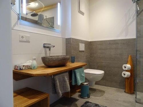 een badkamer met een wastafel en een toilet bij Holiday apartment Beerewieble in Unterkirnach