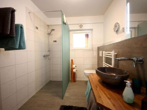 ein Bad mit einem Waschbecken und einer Glasdusche in der Unterkunft Holiday apartment Holzwieb in Unterkirnach