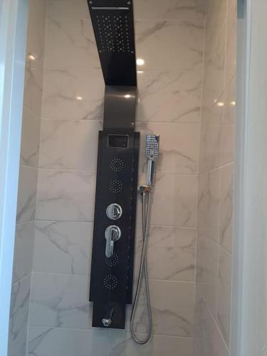 La salle de bains est pourvue d'une douche et d'un objet noir. dans l'établissement T2 Jacky IC. /Moto / Circuit 24h / Oasis /Antares, au Mans