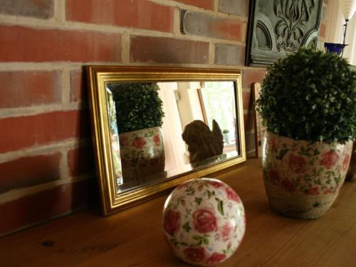 um espelho e um vaso com uma planta sobre uma mesa em Holiday house house by the lake em Langwedel