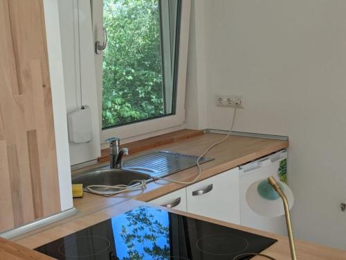 eine kleine Küche mit einem Waschbecken und einem Fenster in der Unterkunft Holiday home Werder Havel in Werder