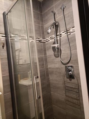 une douche avec une porte vitrée dans une salle de bain dans l'établissement Charmante dépendance Villejuif, à Villejuif