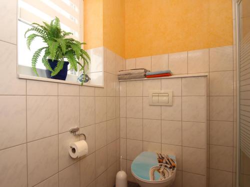 ein Badezimmer mit einem WC und einer Pflanze in einem Fenster in der Unterkunft Holiday House Ganesha, Utarp in Utarp