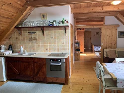 a kitchen with a sink and a stove at Tulipános vendégház in Fertőszentmiklós