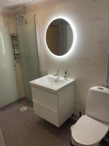 a bathroom with a toilet and a sink and a mirror at Brostigen 5, Vemdalsskalet in Vemdalen