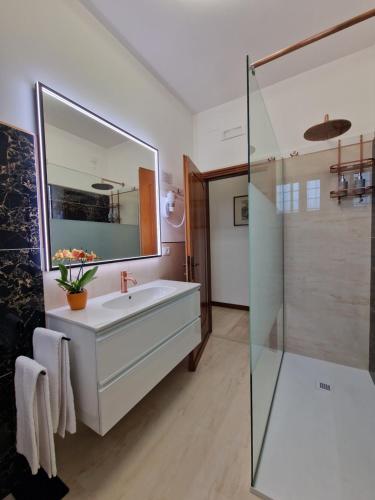 uma casa de banho com um lavatório e um chuveiro em Ca Barbaro with altana-appartamenti storici- em Veneza
