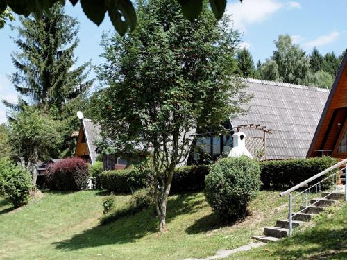 uma casa com uma árvore em frente a uma casa em Wooden chalet with terrace near a swimming lake em Waldkirchen