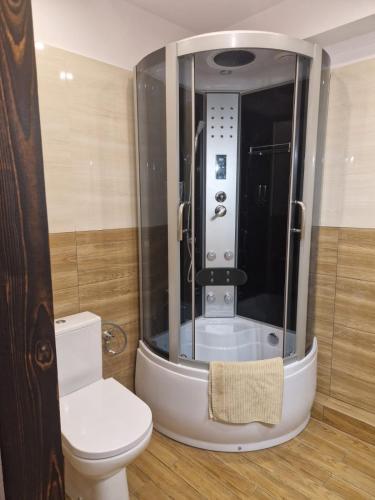 a bathroom with a toilet and a shower at WILLA VASCO NAWIGATOR in Rewa