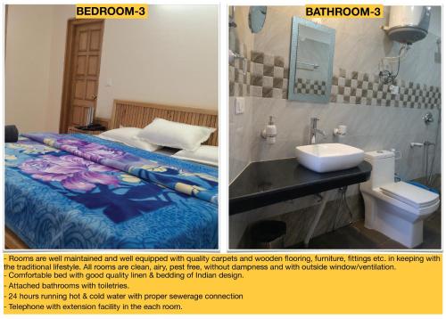 dwa zdjęcia łazienki z łóżkiem i umywalką w obiekcie Kilimanjaro B&B Manali w mieście Manāli