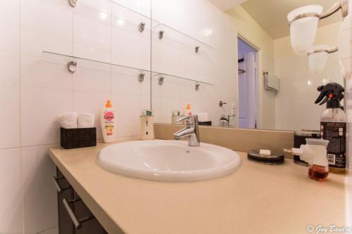 a bathroom with a sink and a mirror at Chic apart with parking near Paris in Colombes