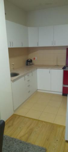an empty kitchen with white cabinets and a sink at Stan na dan M&M in Lug