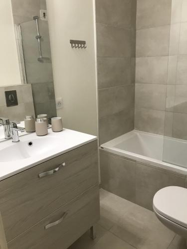 une salle de bain avec un lavabo, des toilettes et une baignoire dans l'établissement Le Lion dor 2- appartement- 4pers - centre statio, aux Gets