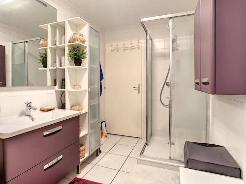une salle de bain avec un lavabo et une douche dans l'établissement Le Schuss - appartement - 4 pers - centre ville, aux Gets