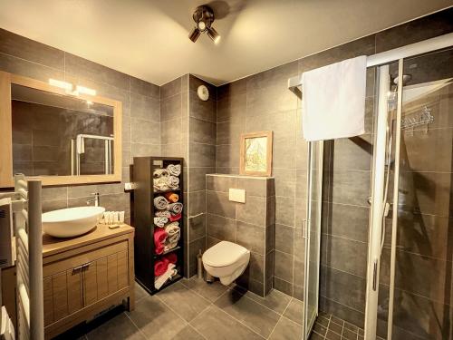 une salle de bain avec un lavabo, des toilettes et une douche dans l'établissement Chalet Manasa - appartement- 8pers- proche piste, aux Gets