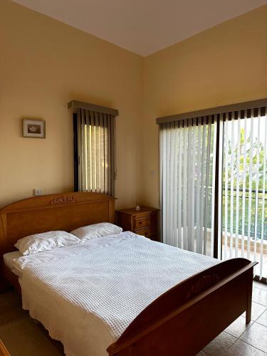 a bedroom with a bed and a large window at Seaview Villa Daria in Neokhorio