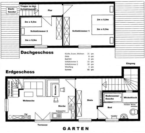 a floor plan of a small house with diagrams at Ferienwohnung am Kneipp-Park in Scheidegg