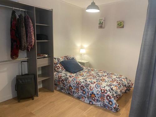 a bedroom with a bed and a book shelf at Studio en plein centre des Vans in Les Vans