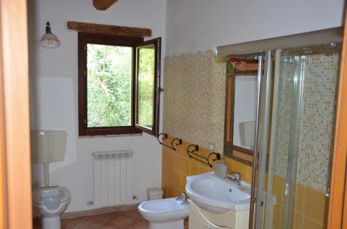 a bathroom with a sink and a toilet and a mirror at agriturismo contrada del raglio in Potenza Picena