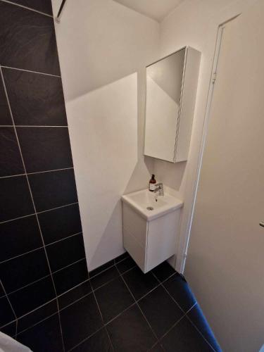 a small bathroom with a sink and a mirror at Lækker lejlighed in Copenhagen